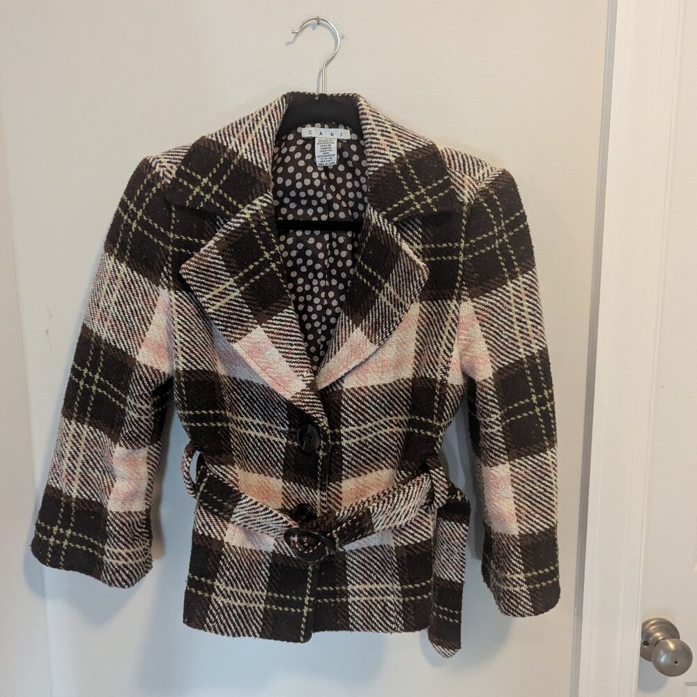 CAbi brown and pink 3/4 sleeve plaid jacket, Size 4